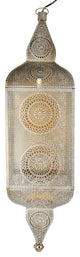 Distressed White and Gold Moroccan Cut-Out Hanging Lantern Pendant