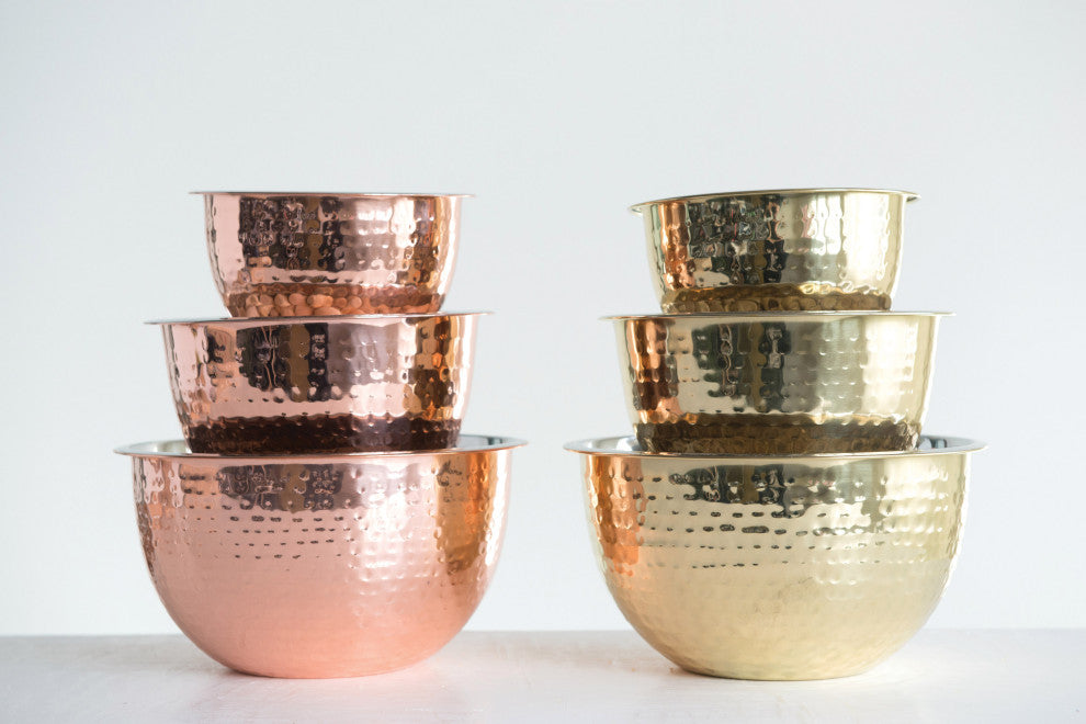 Hammered Stainless Steel Bowls, Gold Finish, 3-Piece Set