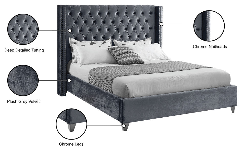 Ames Velvet Bed, Gray, Queen