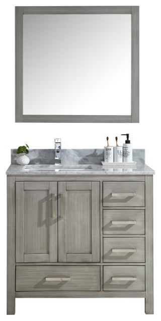 36" Distressed Gray Single Vanity, Marble Top, Sink and No Mirror, Right Version