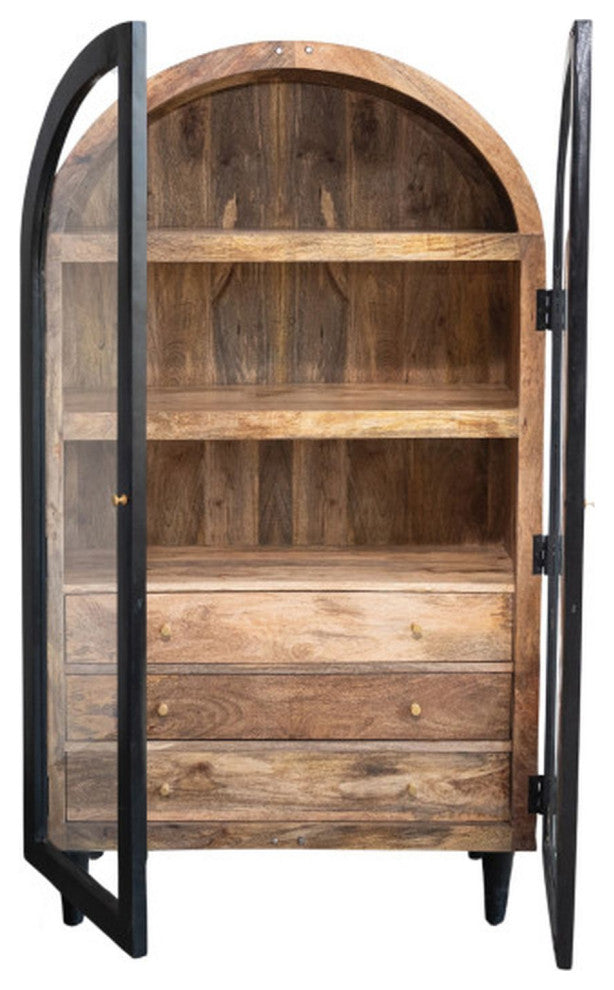Arched Mango Wood Cabinet With 3 Shelves and 6 Drawers, Black and Natural