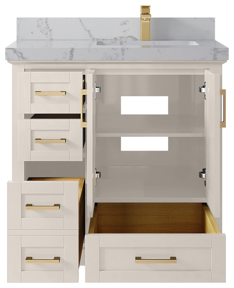 Boston 36" Right Offset Bath Vanity in Fine Grain 2" Venatino Quartz