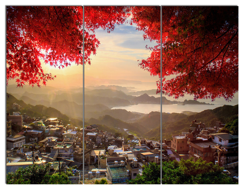 Taiwan Township with Red Trees, Landscape Triptych Canvas Art, 36x28, 3 Panels