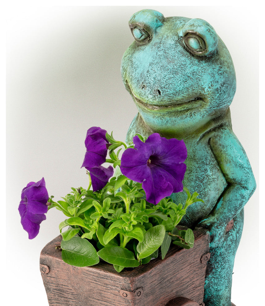 Alpine Frog Holding a Wagon Statue, 15"Tall
