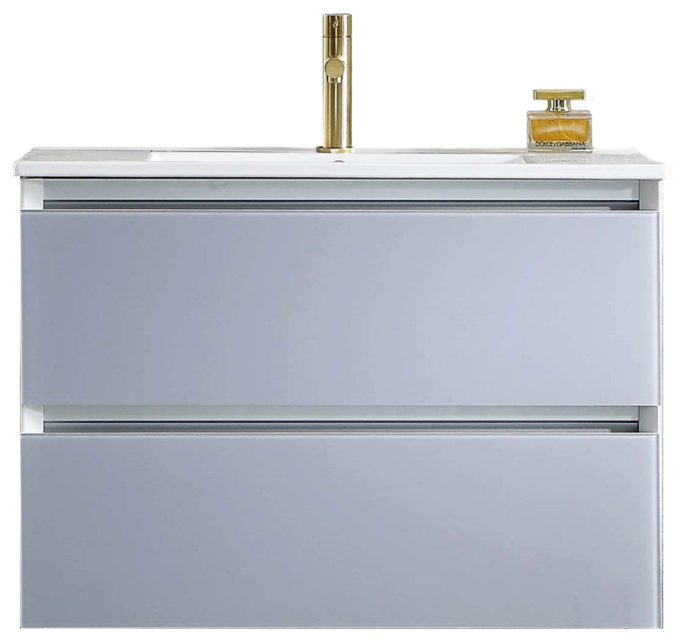 LED Lighted Bathroom Vanity With Ceramic Sink and Dimmed Light, Light Gray, 30"