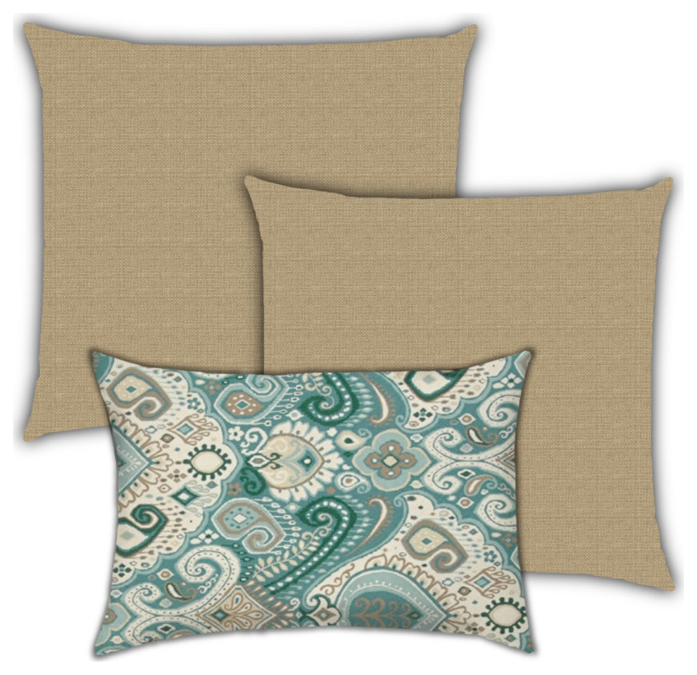 3-Piece Set Brown Ornate Indoor Outdoor Zippered Pillow Covers
