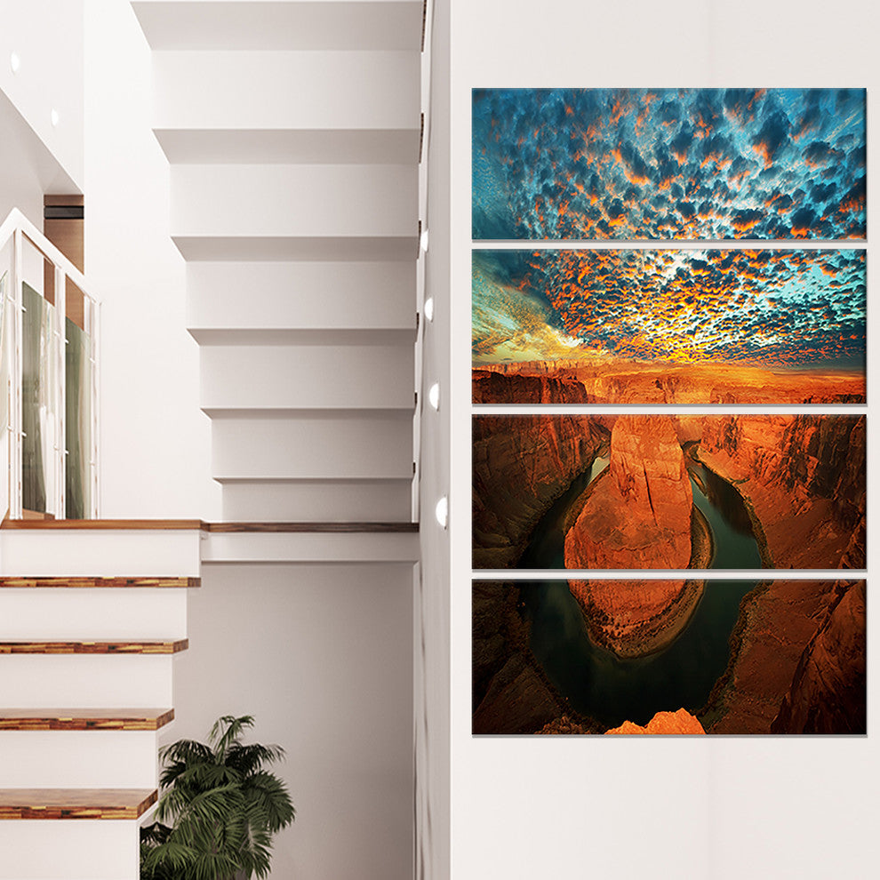 Horse Shoe Bend under Stormy Sky, Landscape Canvas Art, 28"x48", 4 Panels