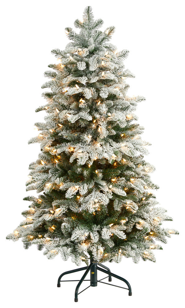 4' Flocked North Carolina Fir Faux Xmas Tree W/White Lights & Bendable Branches