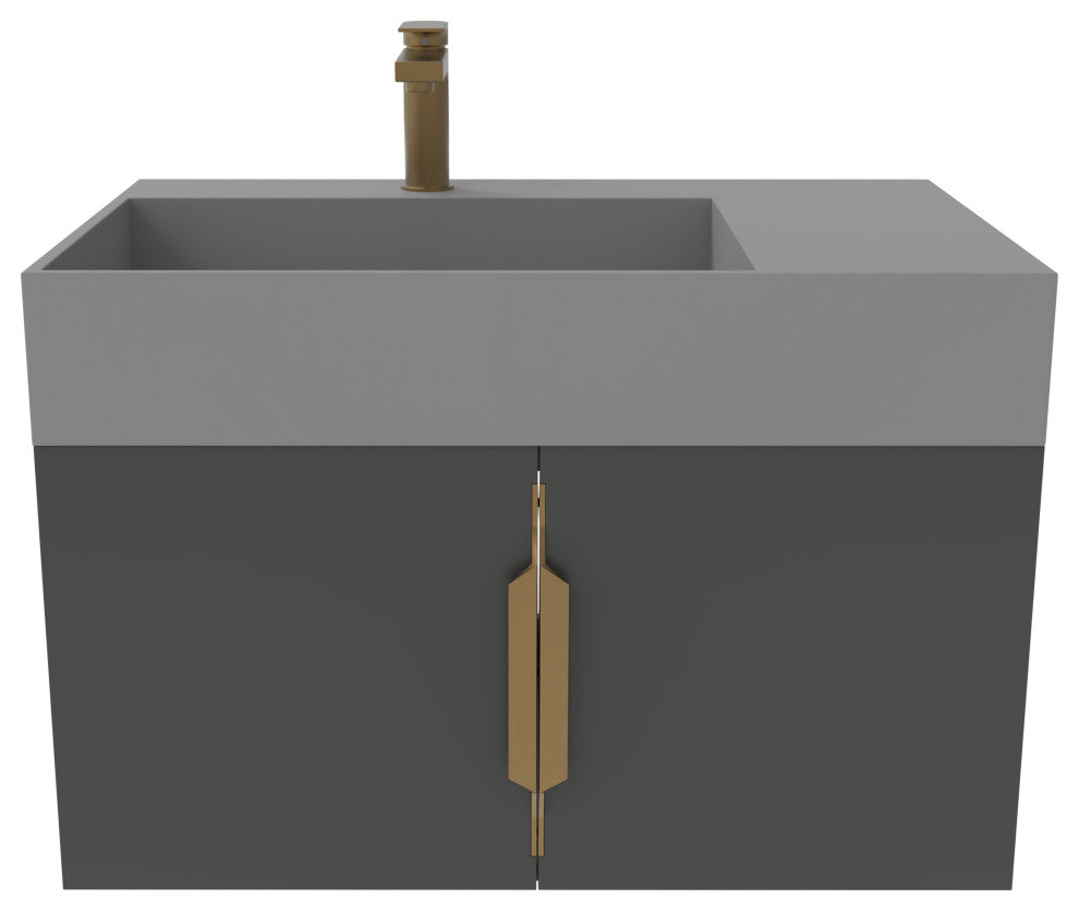 CastelloUSA Amazon 30" Left Wall Mounted Bathroom Vanity Set, Black, Gray Top, Gold Handles