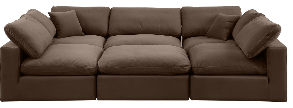 Comfy Upholstered U-Shaped Modular Sectional, Brown, 6-Piece: 3 Armless Chair, 2 Corner Chair, 1 Ottoman, Velvet