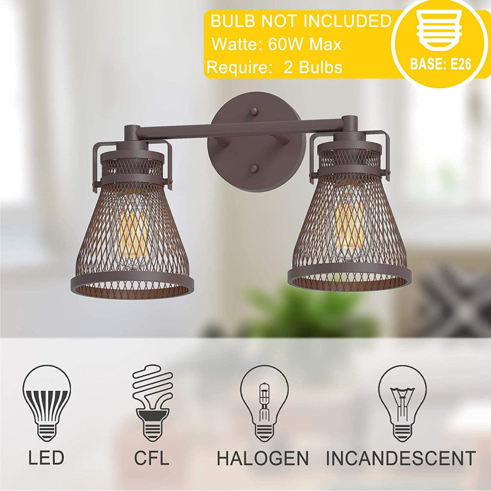 2 light farmhouse wall ight with bronze finish industrial mesh wall light