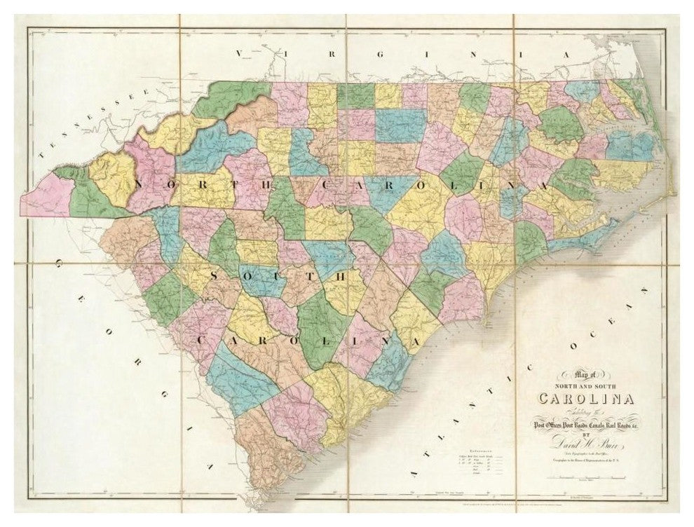"Map of North and South Carolina, 1839" Paper Print by David H. Burr, 42"x32"