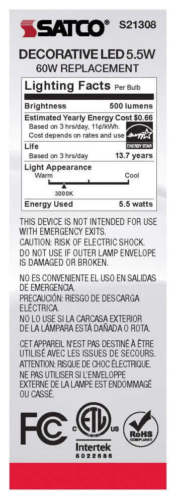 5.5W CA10 LED, Frost, Candelabra Base, 90 CRI, 3000K, 120V