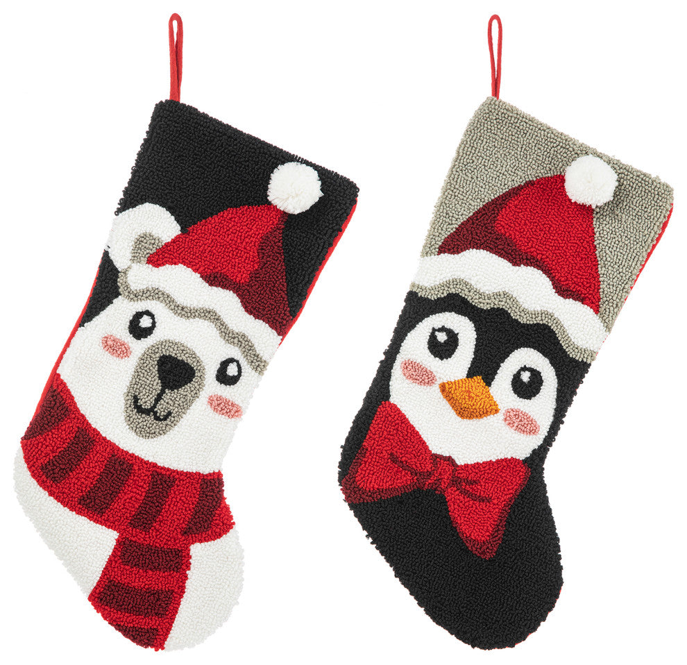 20.5"L Hooked Stocking, Polar Bear & Penguin