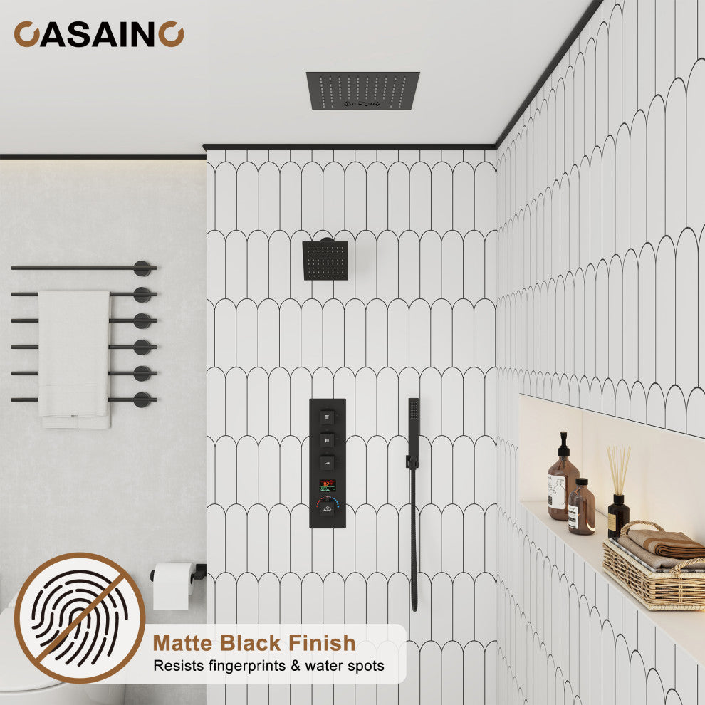 12inch Luxury Shower Dual Shower Head System With LED Light and Bluetooth, Matte Black