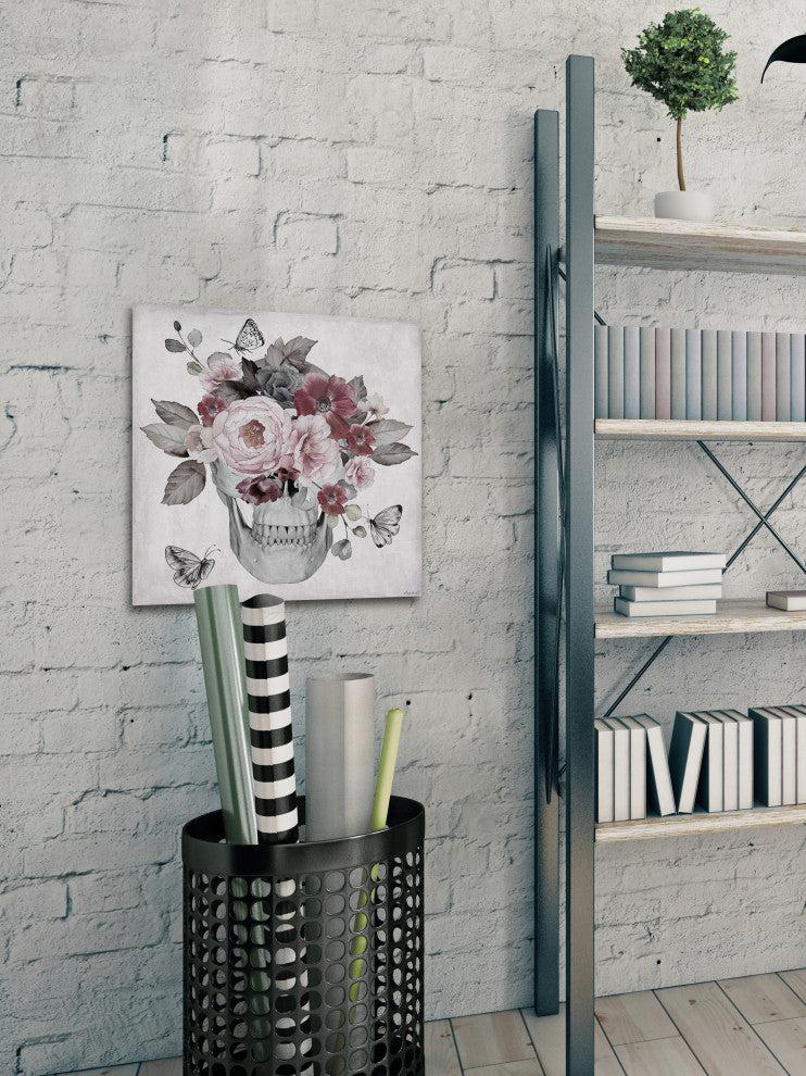 "Skull and Pink Peonies" Painting Print on Wrapped Canvas, 48x48
