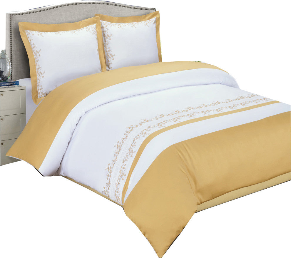 Amalia 100% Cotton Embroidered 8PC Bedding Set, Gold and White, King