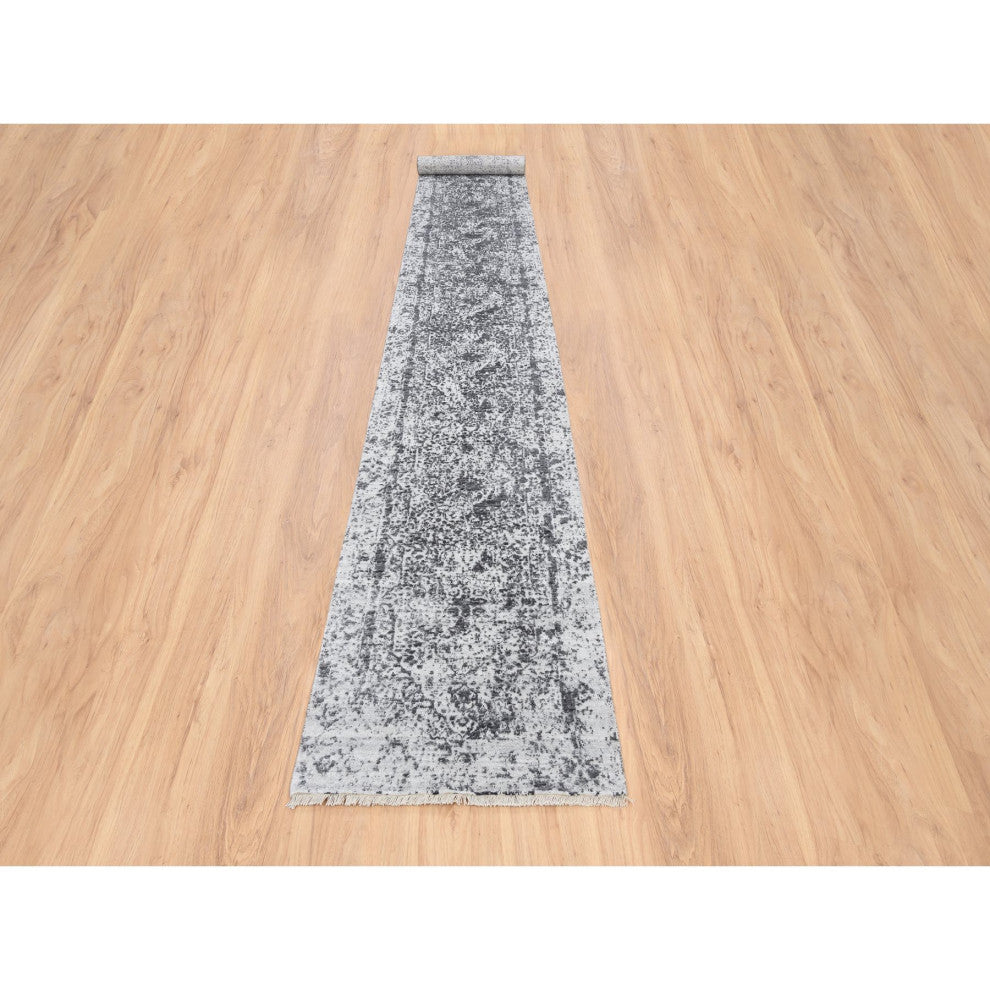 Gray Hand Knotted Erased Persian Design Wool and Silk XL Runner Rug, 2'7"x18'1"