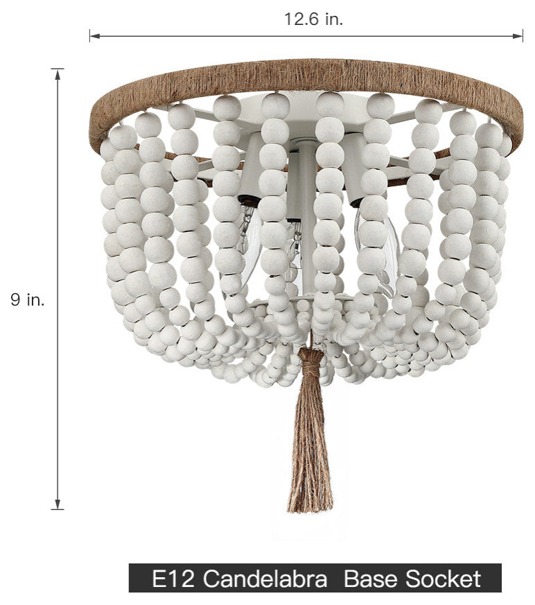 12.6" W 3-Light Bohemia Antique White Wood Beaded Flush Mount Ceiling Light