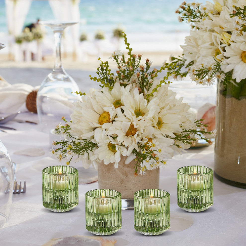 Green Ribbed Glass Votive Holders, Set of 4