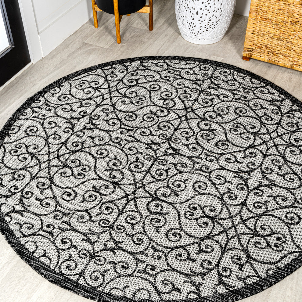 Madrid Vintage Filigree Textured Weave Indoor/Outdoor, Gray/Black, 5' Round