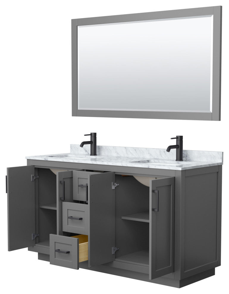60"DBL Vanity Dark Gray, Carrara Countertop, Sinks, Black Trim, 58"Mirror