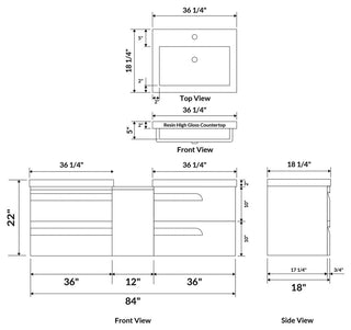 84" Wall-Mount White Vanity Set With Two Sinks, LV78-C15W-84W, Style 78
