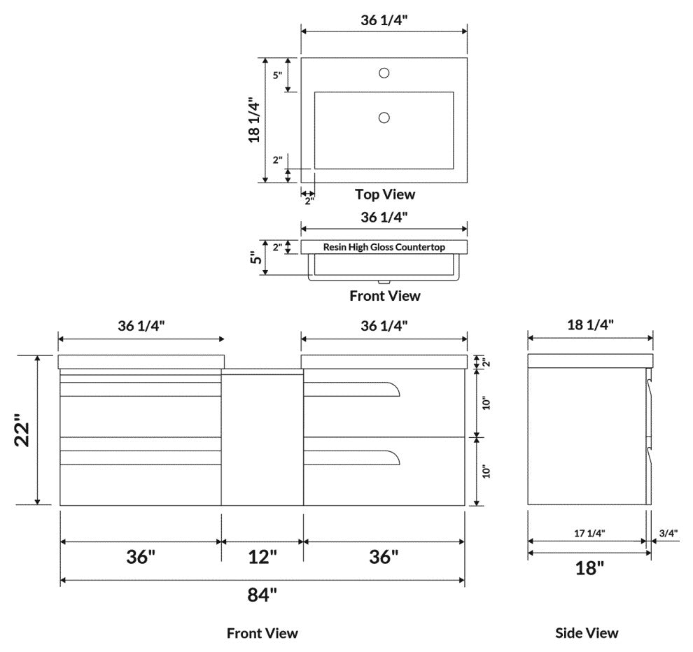 84" Wall-Mount White Vanity Set With Two Sinks, LV78-C15W-84W, Style 78