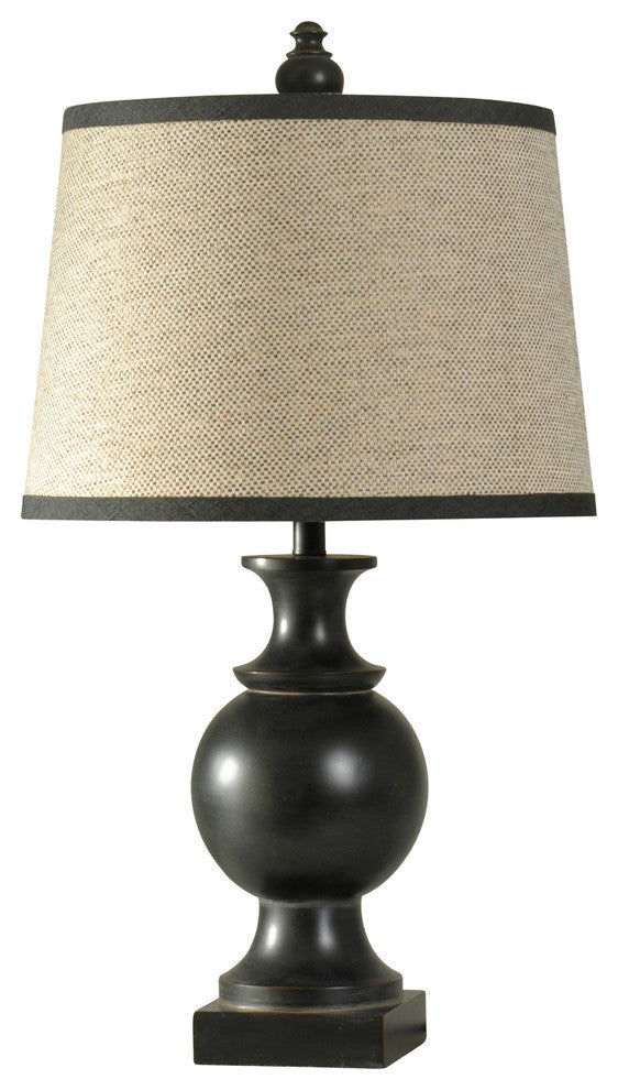 Traditional Black Table Lamp with Natural Linen Shade and Contrast Trim