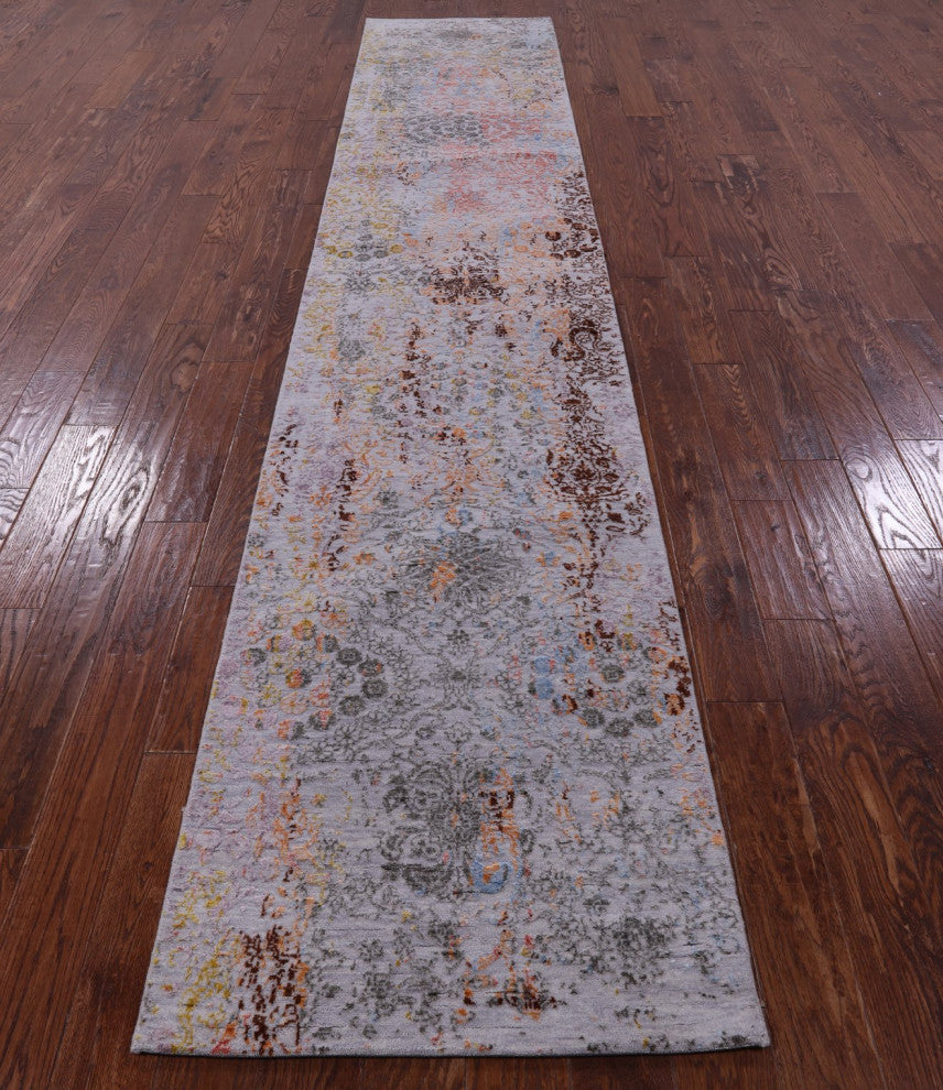 Runner Wool and Silk Modern Handmade Rug 2' 7" X 13' 10" Q9264