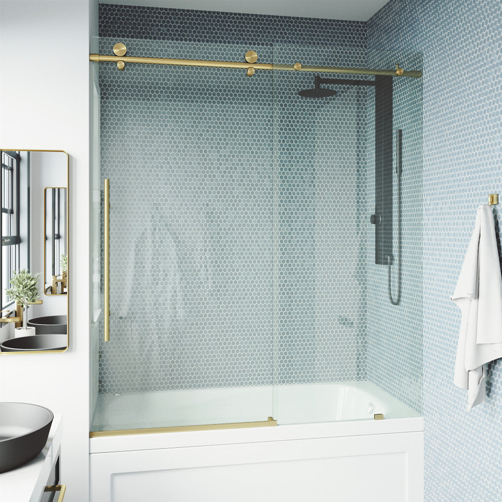 VIGO Elan E-Class 56" to 60" W x 66" H Frameless Sliding Tub Door, Matte Gold, Clear Glass