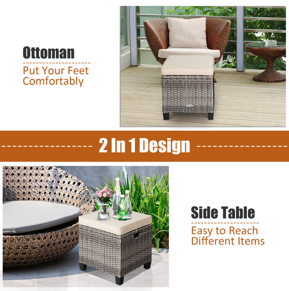 Costway 2PCS Patio Rattan Cushioned Ottoman Seat  Foot Rest Table Beige