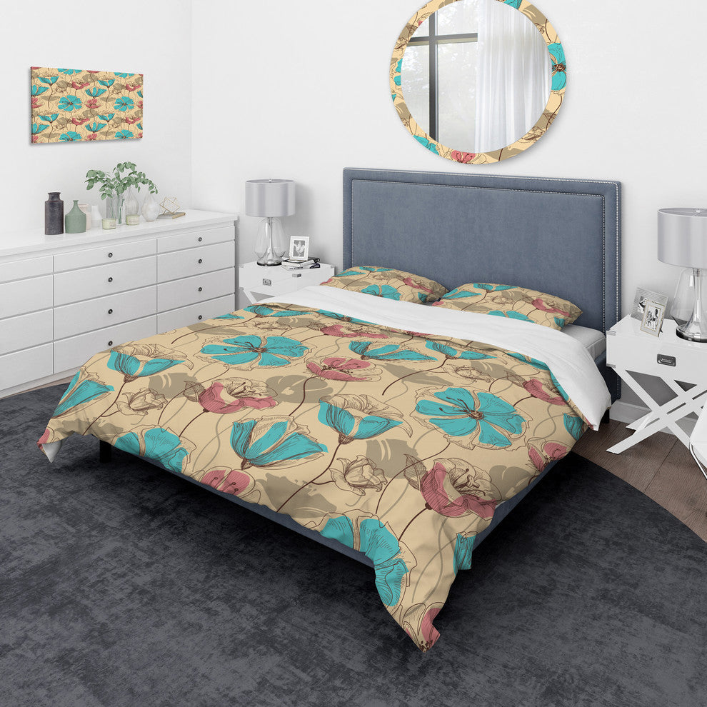 Retro Drawing Flowers in Pink and Blue Floral Duvet Cover, Twin