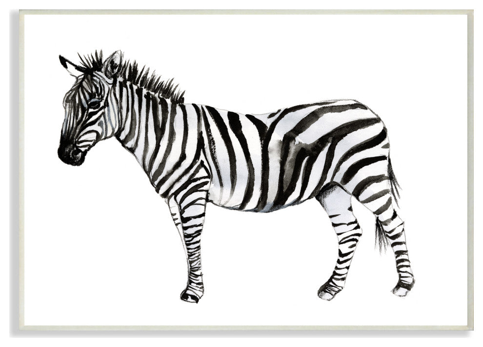 Zebra Standing Black and White Watercolor Animal Painting, 13"x19", Wood Art
