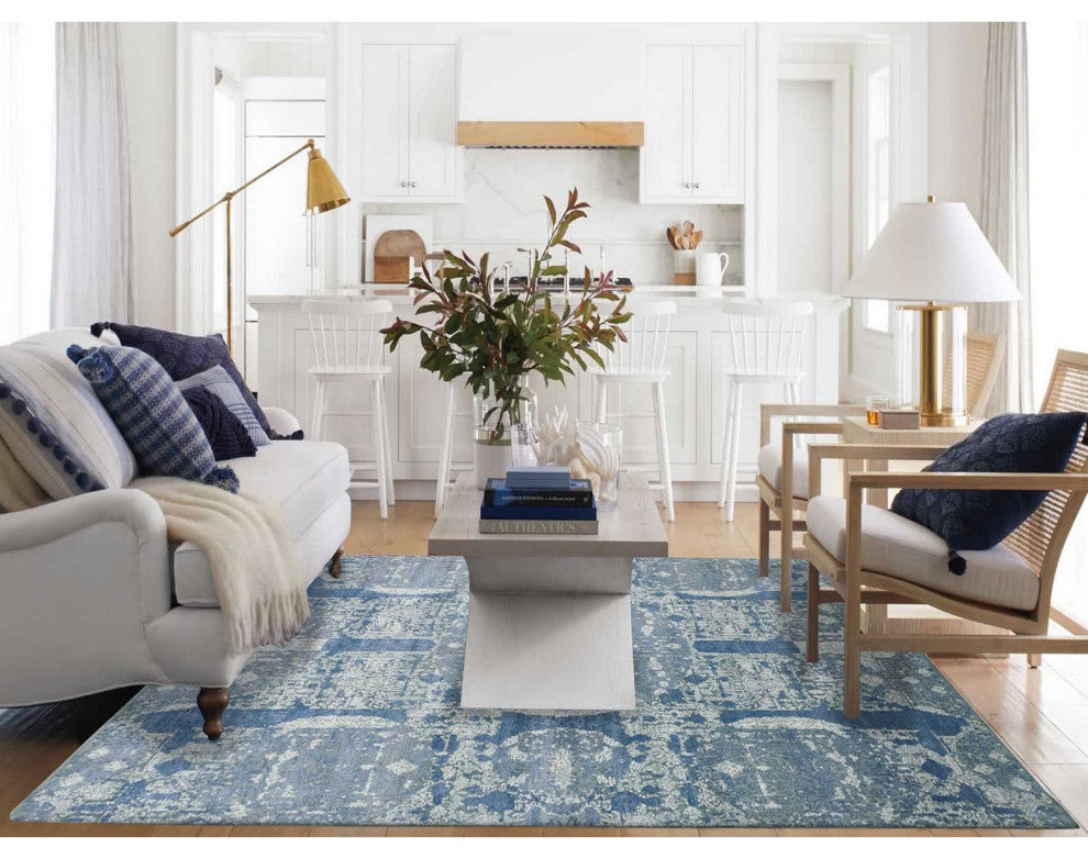 Blue Wool and Pure Silk Hand Knotted Jewellery Design Oriental Rug, 7'10"x10'0"