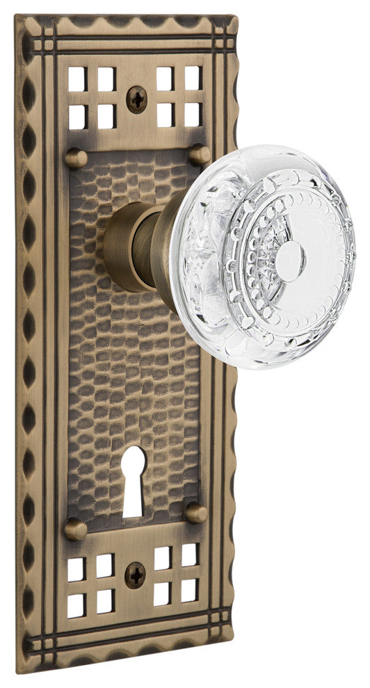 Craftsman Plate Single Dummy, Keyhole Crystal Meadows Knob, Antique Brass
