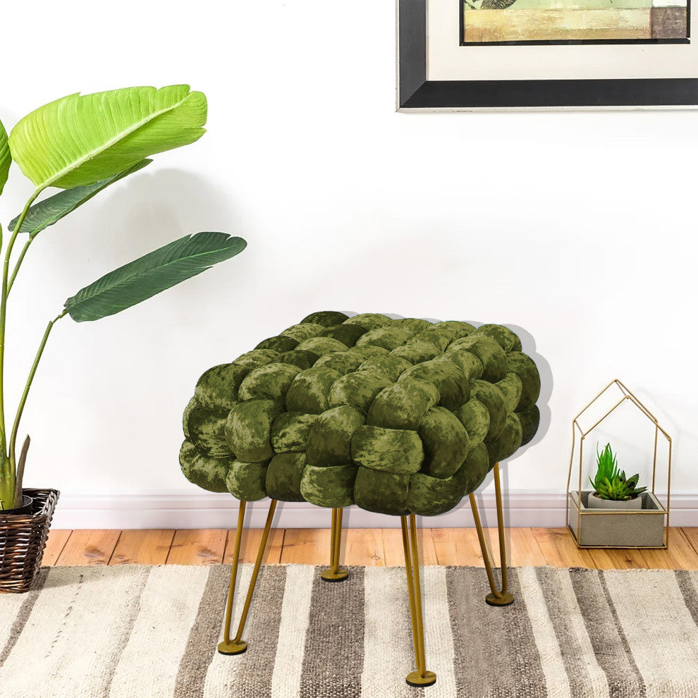 Crushed Velvet Pouf Stool, Moss Green, 16''x16''x16''