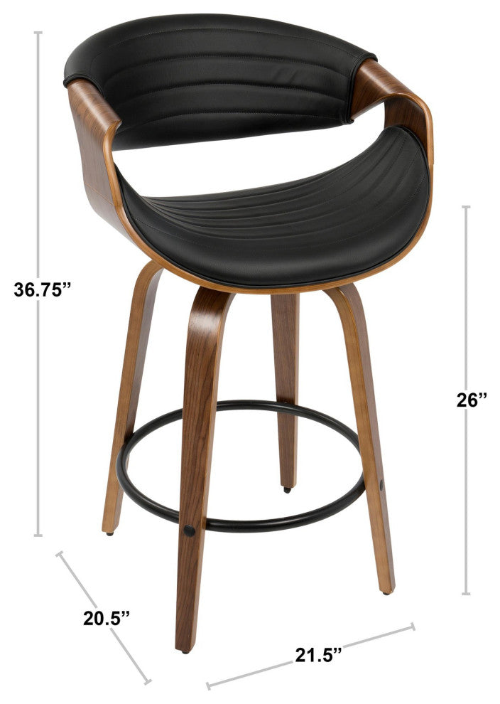 Symphony Counter Stool, Set of 2, Walnut Wood/Black PU/Black Metal