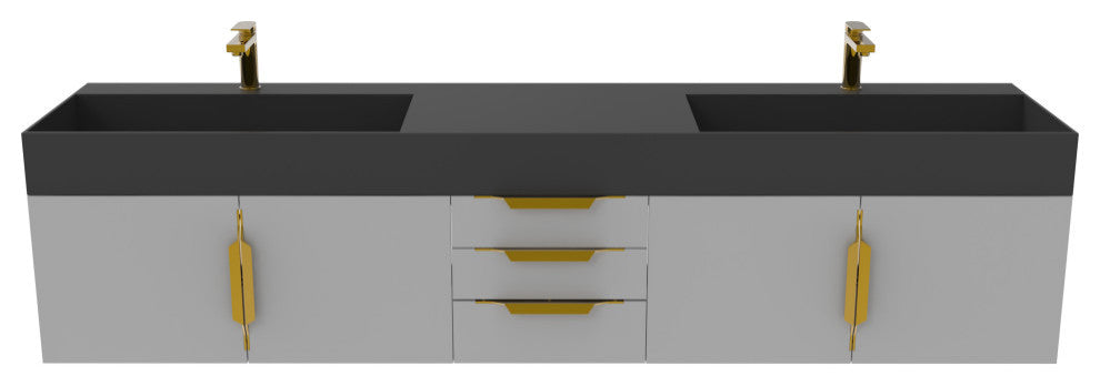 CastelloUSA Amazon 84" Wall Mounted Vanity Set, Gray, Black Top, Gold Handles