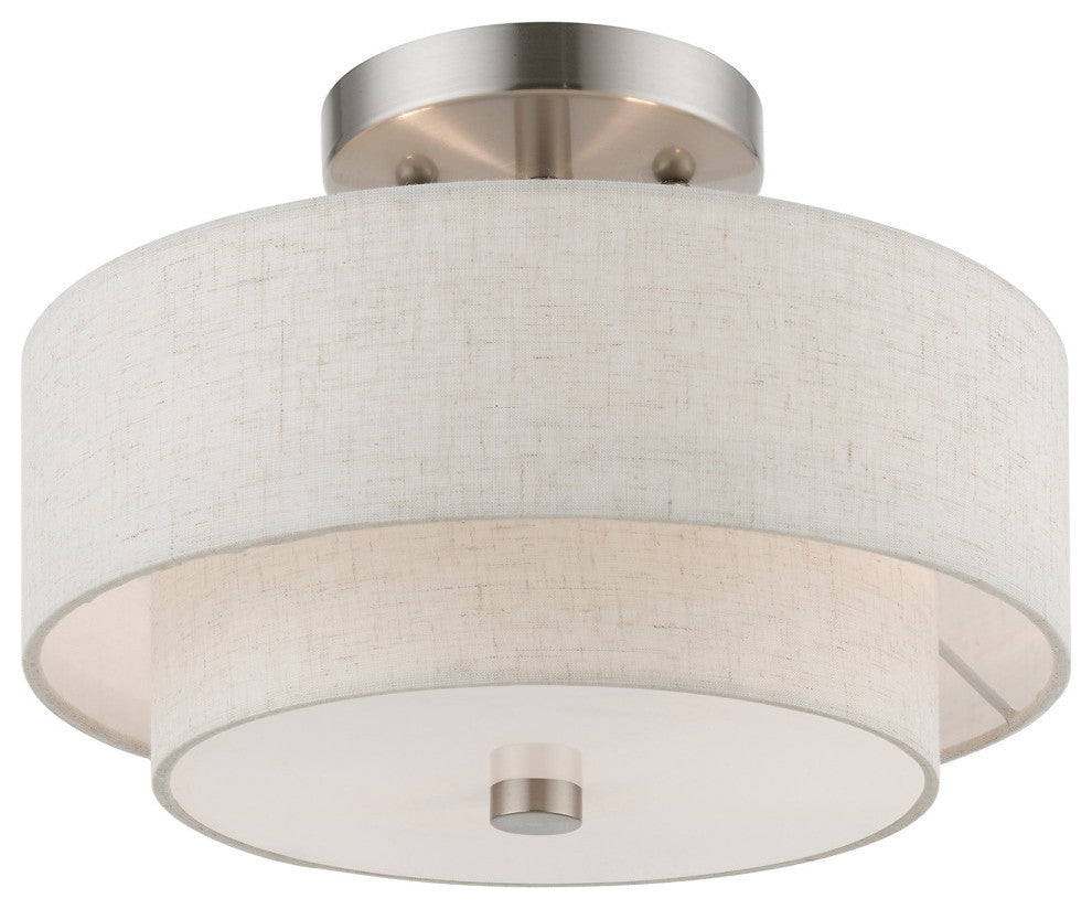 Meridian 2 Light Brushed Nickel Semi-Flush Mount With Oatmeal Shade
