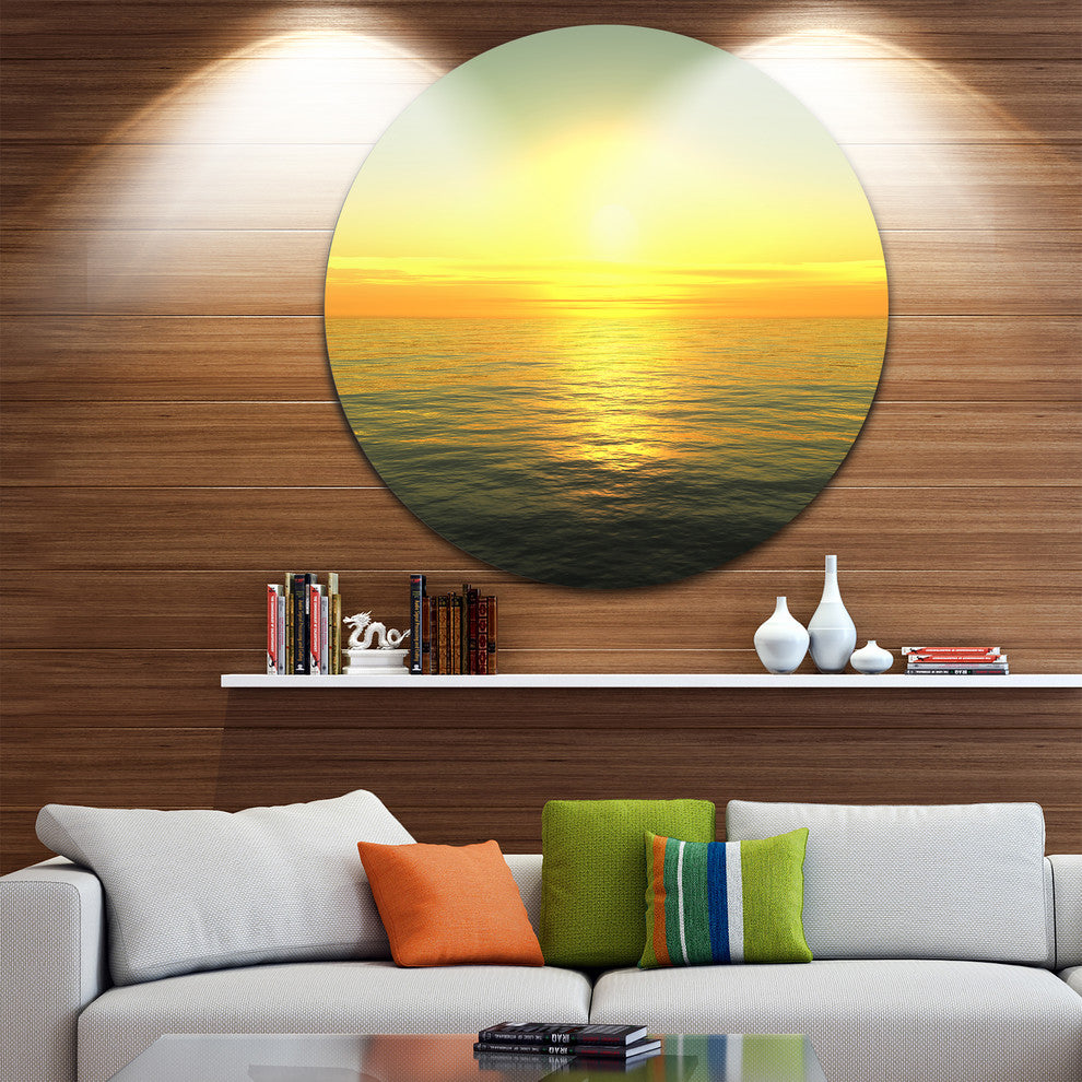 Brilliant Yellow Sunrise Over Waters, Beach Disc Metal Wall Art, 23"