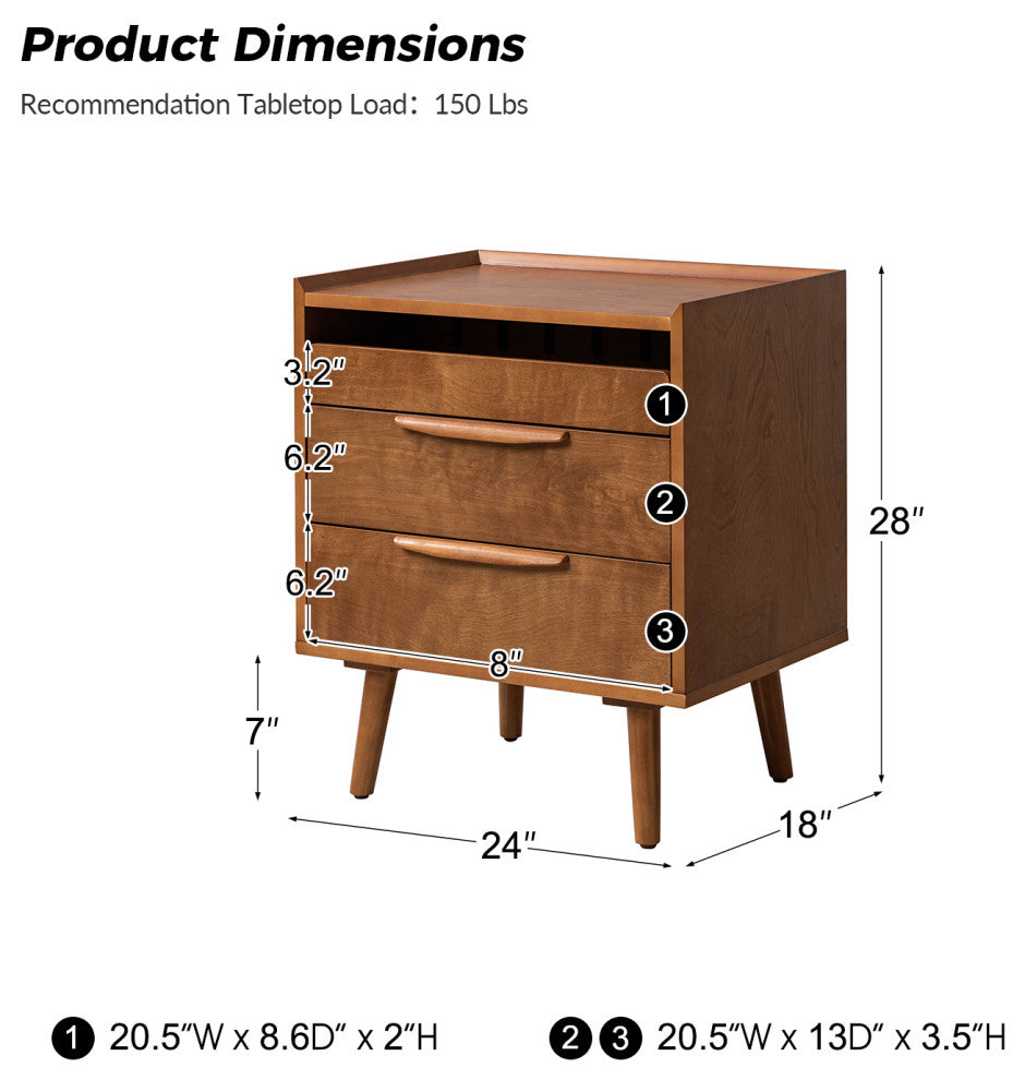 Mid-Century Modern 3-Drawer Nightstand With Charging Station, Acorn