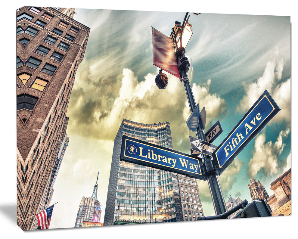 Library Way and 5th Avenue Street Signs, Cityscape Canvas Art Print, 2