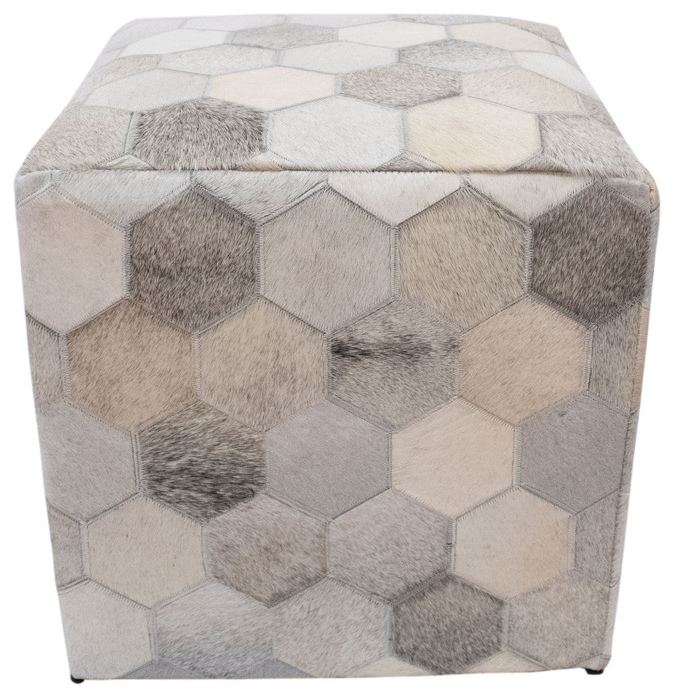 Decor Maisonette Geometric Hide Pouf Eli, Ivory, 18"