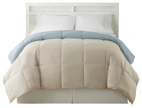 Benzara BM46021 Twin Size Box Quilted Reversible Comforter, Gray and Blue
