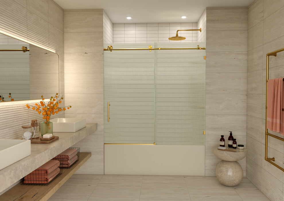Galaxy 60"x60" Frameless Glass Sliding Bathtub Doors, Satin Brass, Left