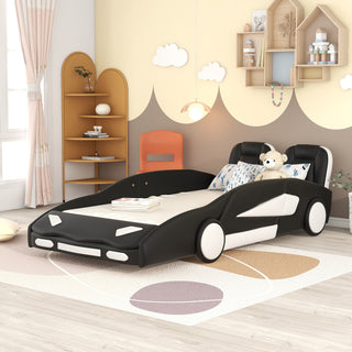 Gewnee Twin Size Race Car-Shaped Platform Bed with Wheels in White, Black