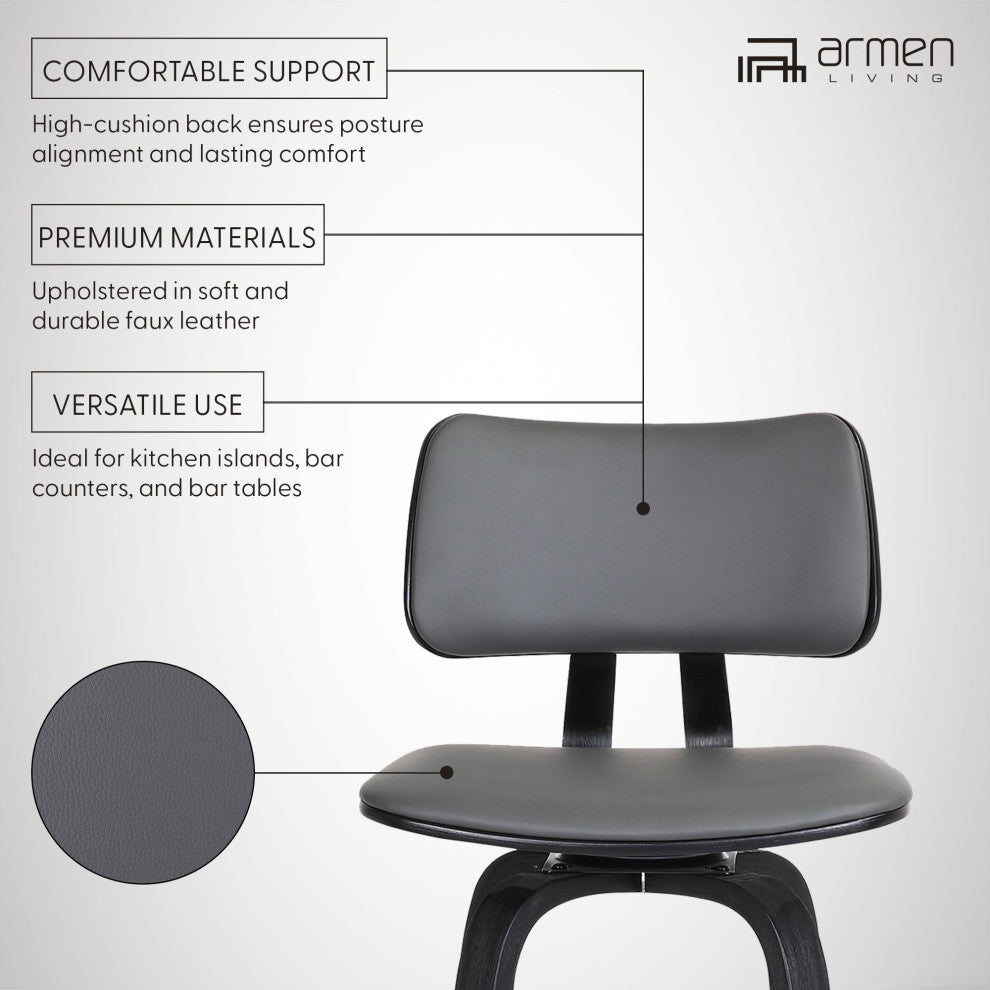 Pico 26" Swivel Black Wood Counter Stool in Gray Faux Leather with Black Metal, 26