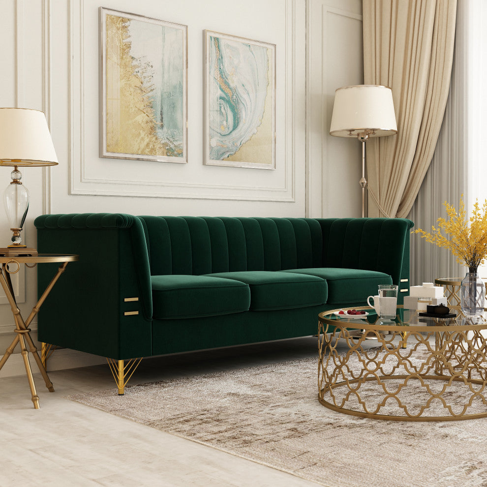83.4'' Tuxedo Velvet Arm Sofa with Gold Leg, Green