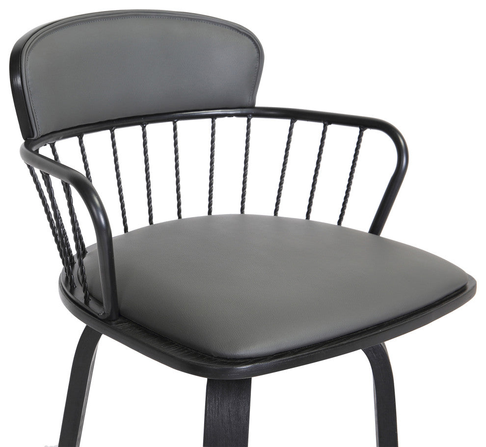 Willow 25.5" Swivel Black Wood Counter Stool Gray Faux Leather with Black Metal, 30
